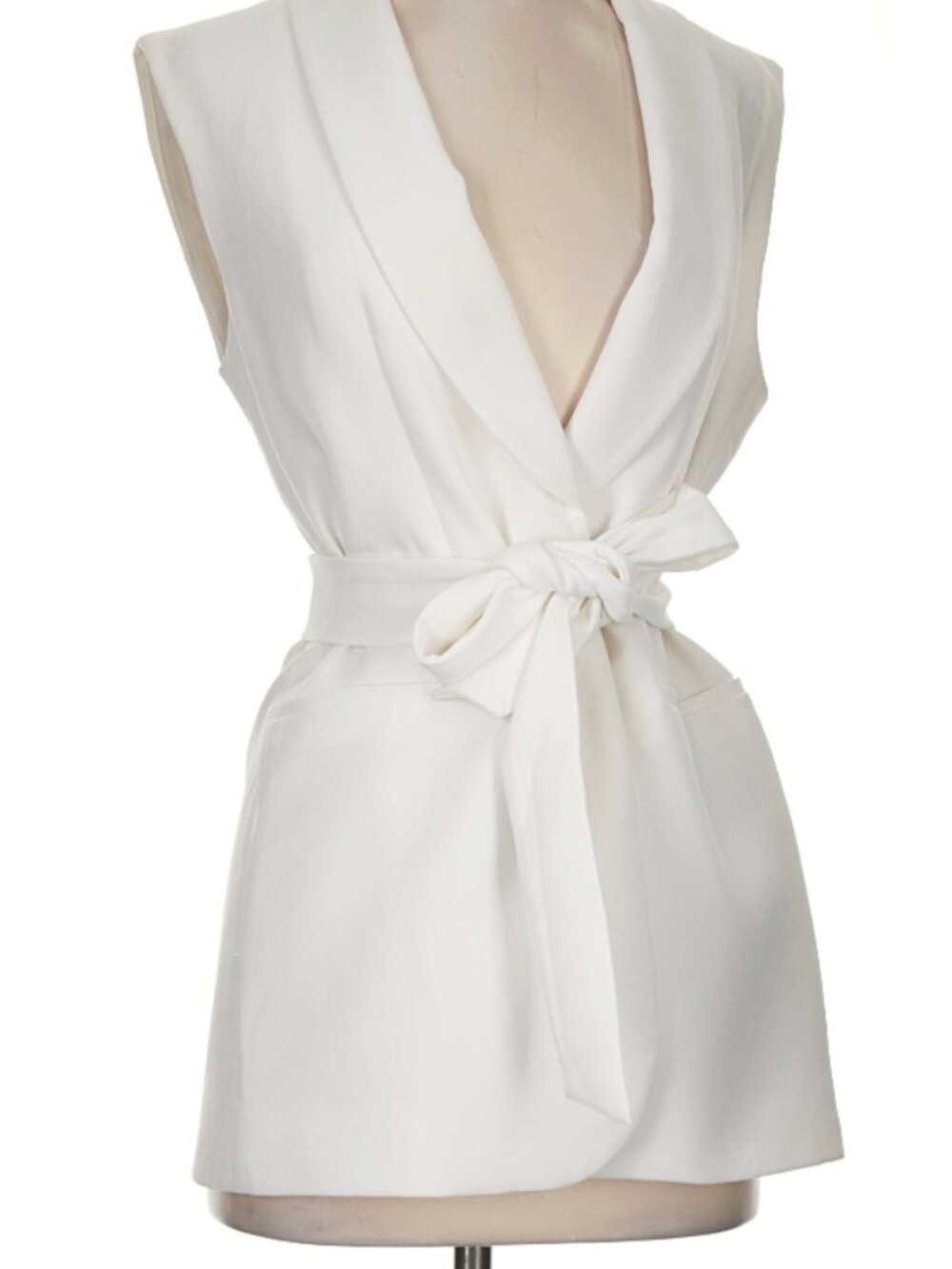 Zara Cream Sleeveless Tuxedo Blazer with Waist Ties